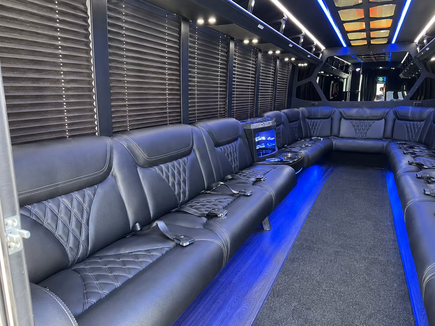 Interior of a party bus rental serving Fort Lauderdale